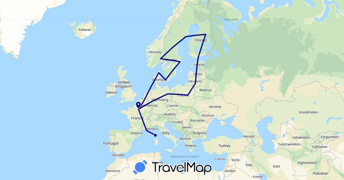 TravelMap itinerary: driving in Belgium, Germany, Denmark, Estonia, Finland, France, Lithuania, Latvia, Norway, Poland, Sweden (Europe)